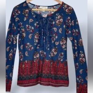 Vintage America Blue Red Floral Paisley Shirt Lace-Up Rope Tassel Tie Boho Med